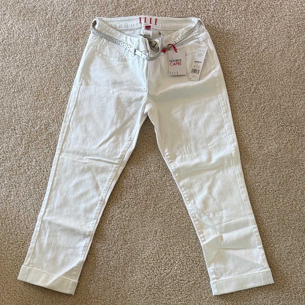 Elle White Cuffed Capri Pants with Silver Belt Womens Size 4